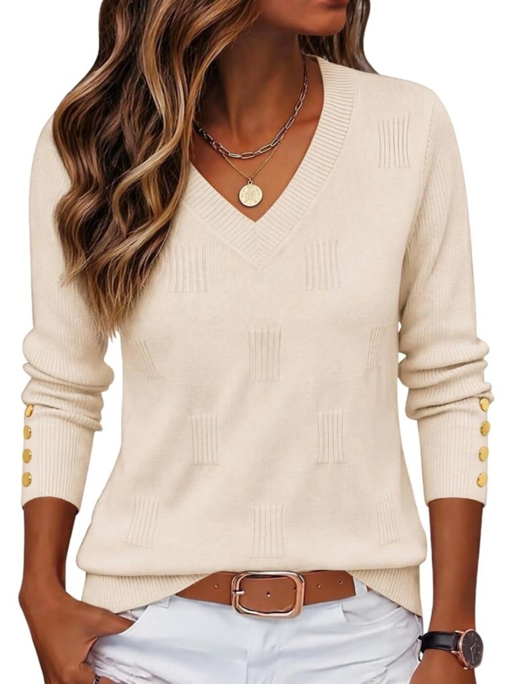 Women's Beige V Neck Long Sleeve Pullover Sweater Imported Tops Blouse
